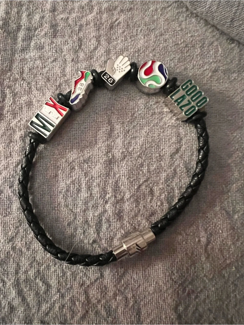 Black Braided Leather Charm Bracelet with Multicolor Soccer FIFA Beads 2026